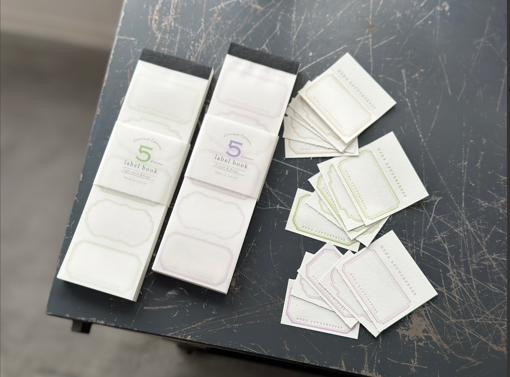 【活版印刷】Limited Edition 5frame label book 【 Purple&beige / Light green&beige 】