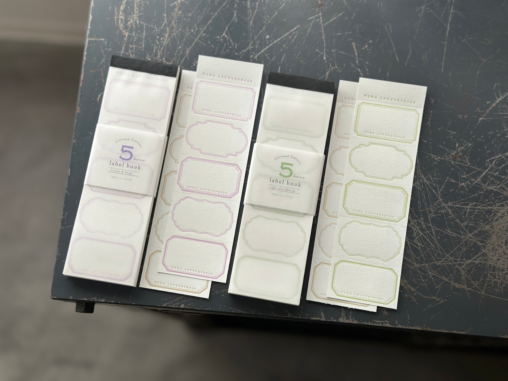 【活版印刷】Limited Edition 5frame label book 【 Purple&beige / Light green&beige 】
